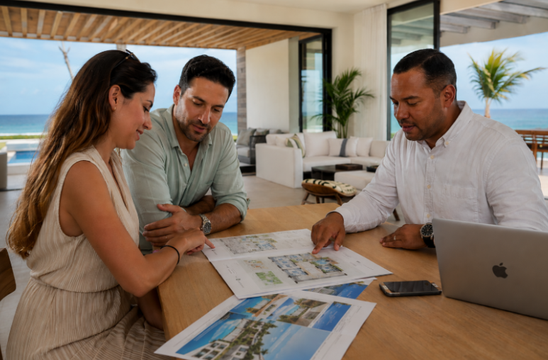 Luxury property consultation in a modern beachfront lounge