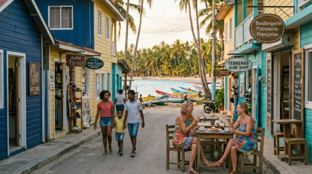 Vibrant boutique shops along tropical street