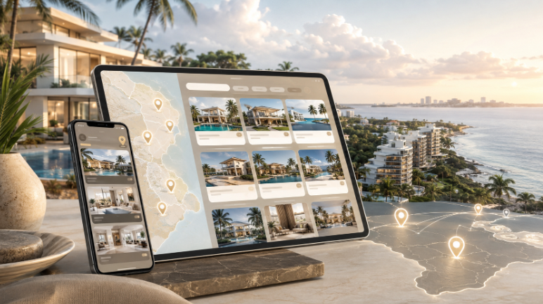 Publicaciones digitales muestran una propiedad de lujo frente al mar.