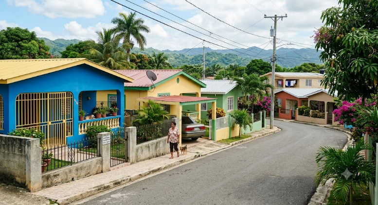 A street view of mid-size houses in Dominican Republic.