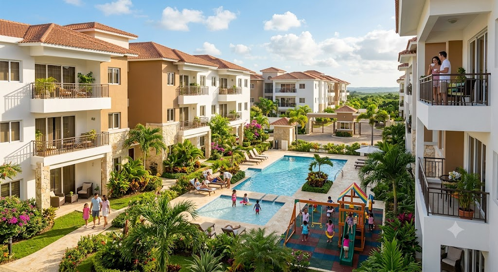 Vista de modernos apartamentos con amenidades en República Dominicana.