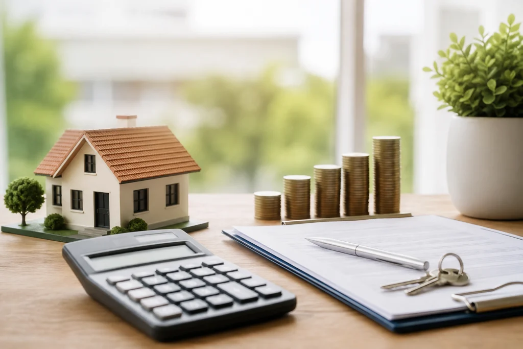 Calculator beside a miniature house, stacks of coins, keys, and loan documents representing the calculation of monthly mortgage costs for a home purchase.