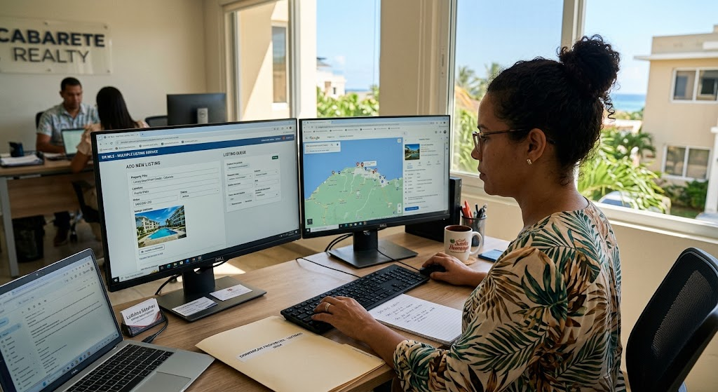 A lady using a desktop to list a property online. 