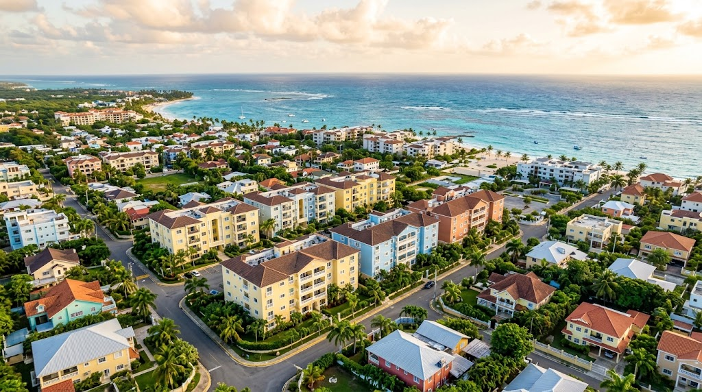 An aerial view of Dominican Republic houses and apartments near the beach.