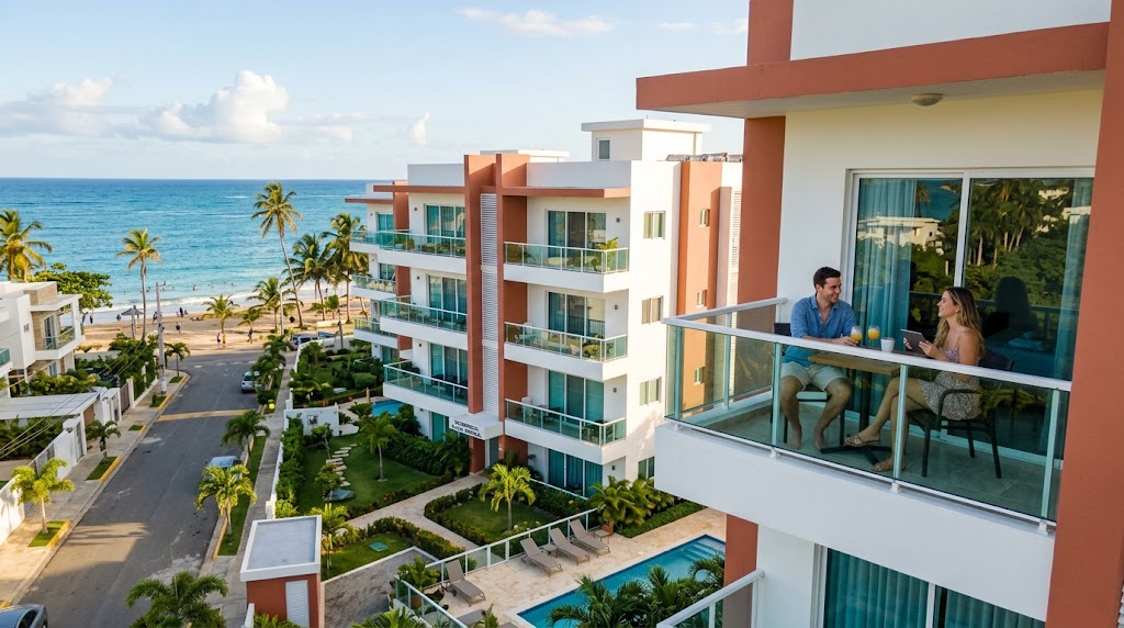 Young couple sitting on the balcony of a modern apartment overlooking a residential development.