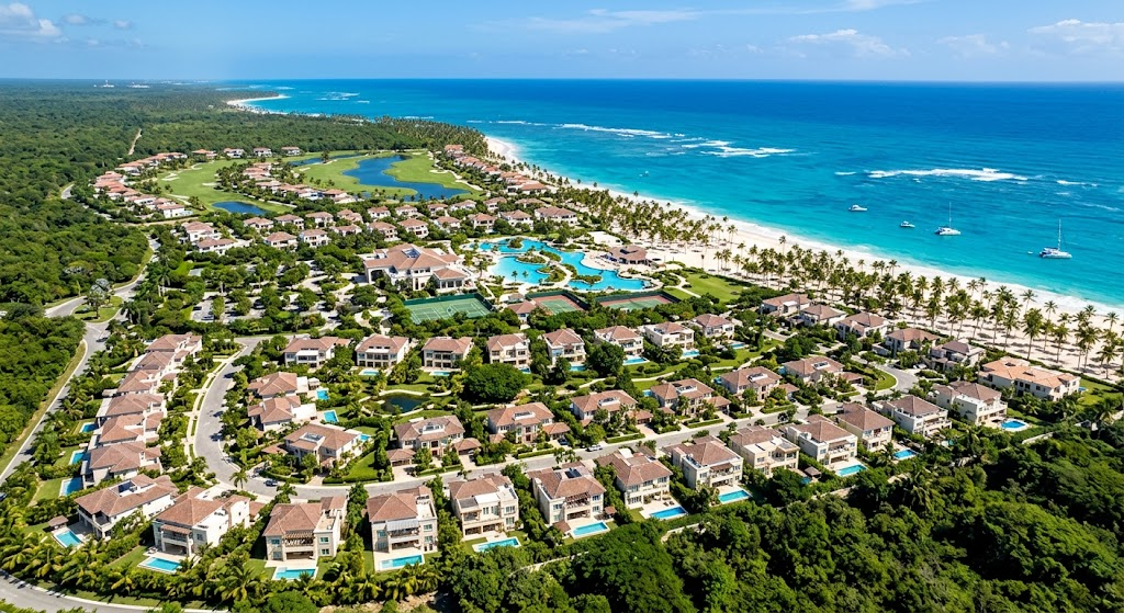 Fotografía aérea tomada desde gran altura de un lujoso desarrollo residencial y turístico costero en Punta Cana.