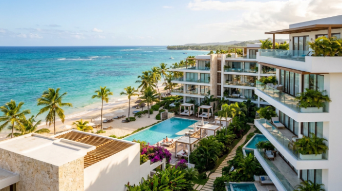 Complejo de apartamentos moderno frente al mar con piscina, palmeras y aguas azules y cristalinas.